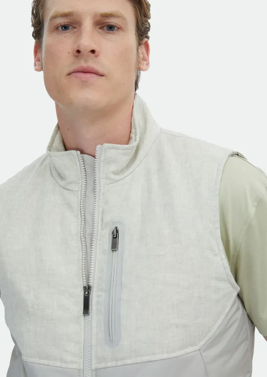 Bej Regular Fit Dik Yaka Casual Dokuma Spor Yelek - 4