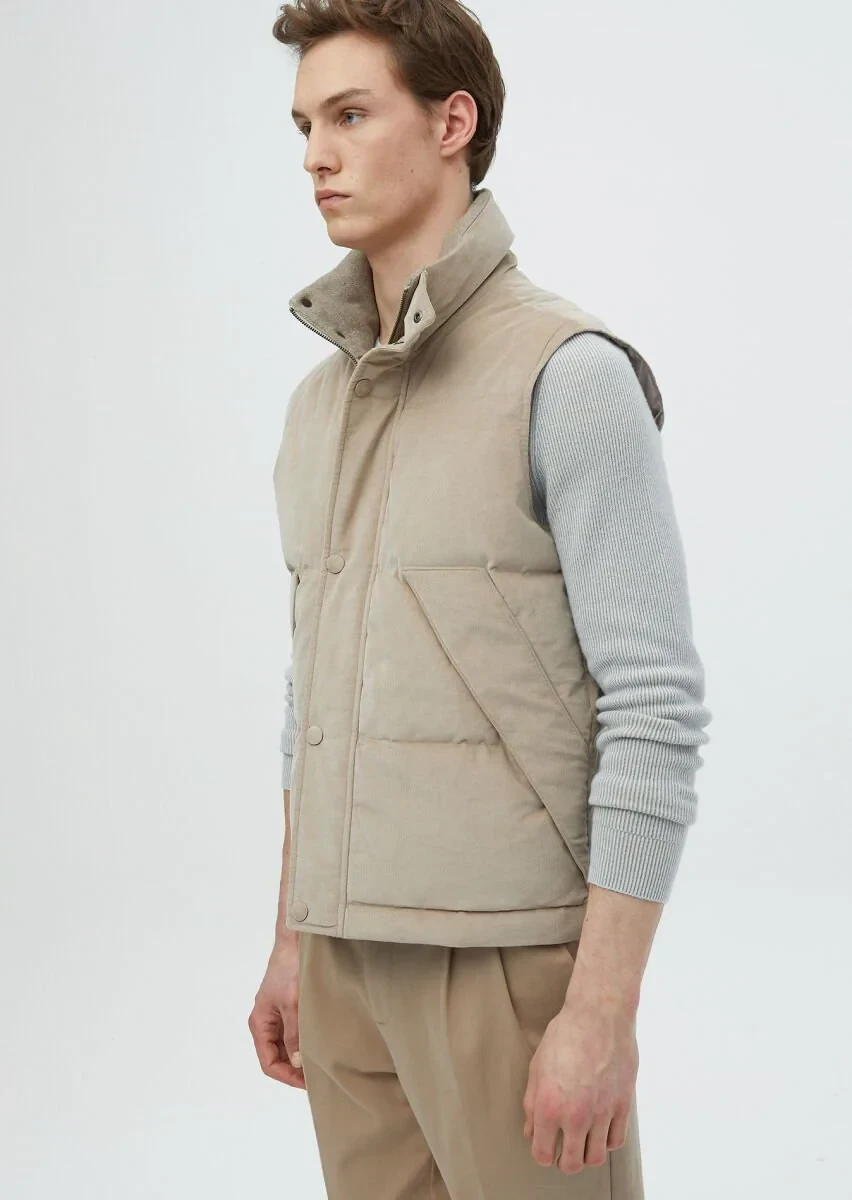 Bej Regular Fit Dik Yaka Casual Dokuma Spor Yelek - 3