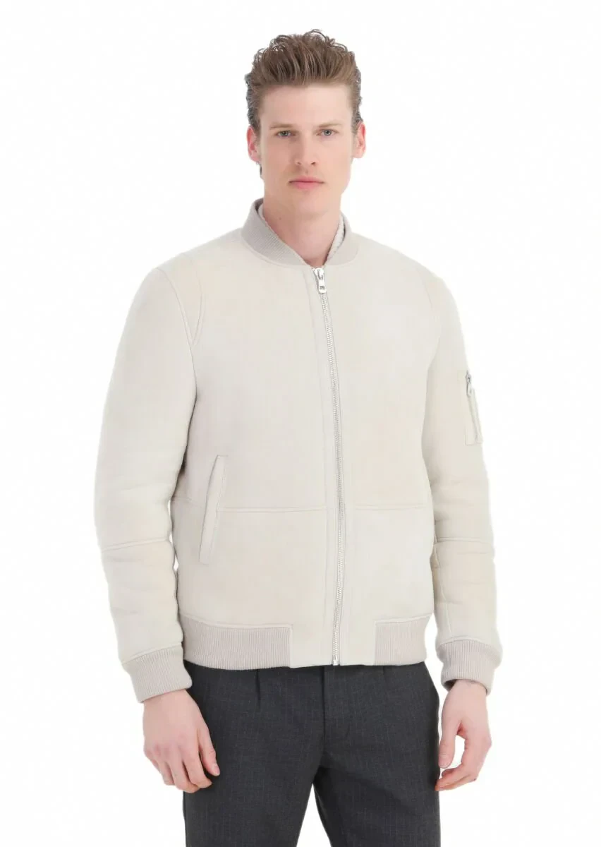 Bej Regular Fit Dik Yaka Casual Kürk Deri Mont - 3