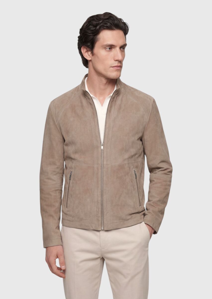 Bej Regular Fit Dik Yaka Casual Süet Çift Taraflı Deri Mont - 1