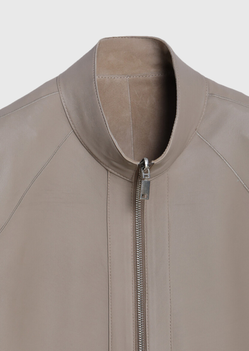 Bej Regular Fit Dik Yaka Casual Süet Çift Taraflı Deri Mont - 9