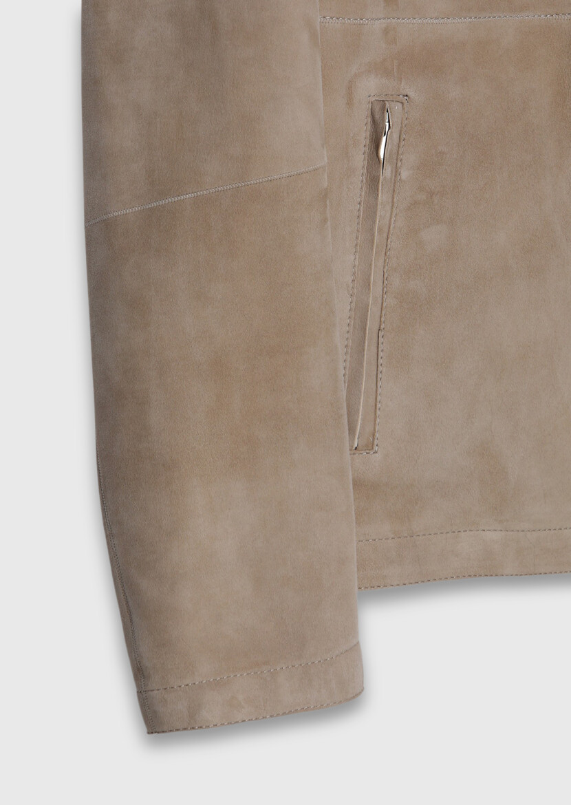Bej Regular Fit Dik Yaka Casual Süet Çift Taraflı Deri Mont - 10
