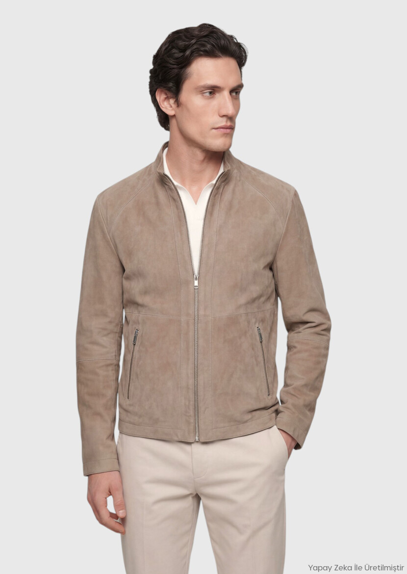 Bej Regular Fit Dik Yaka Casual Süet Çift Taraflı Deri Mont - RAMSEY