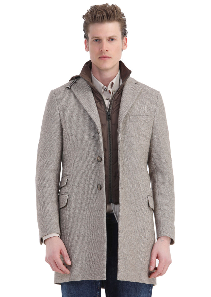 RAMSEY Bej Regular Fit Gizli Kapüşon Casual Örme Palto