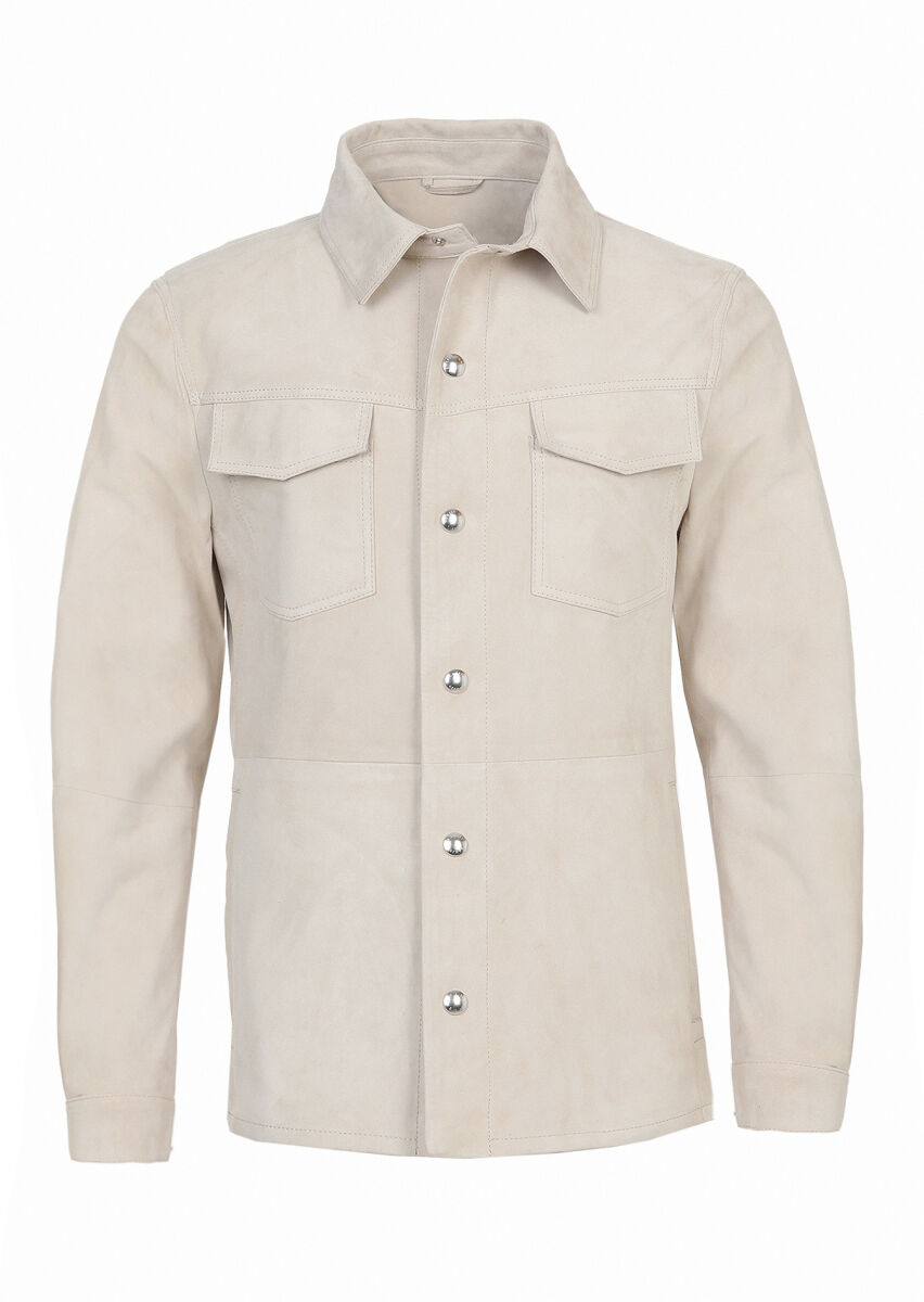 Bej Regular Fit Gömlek Yaka Casual Deri Mont - 1