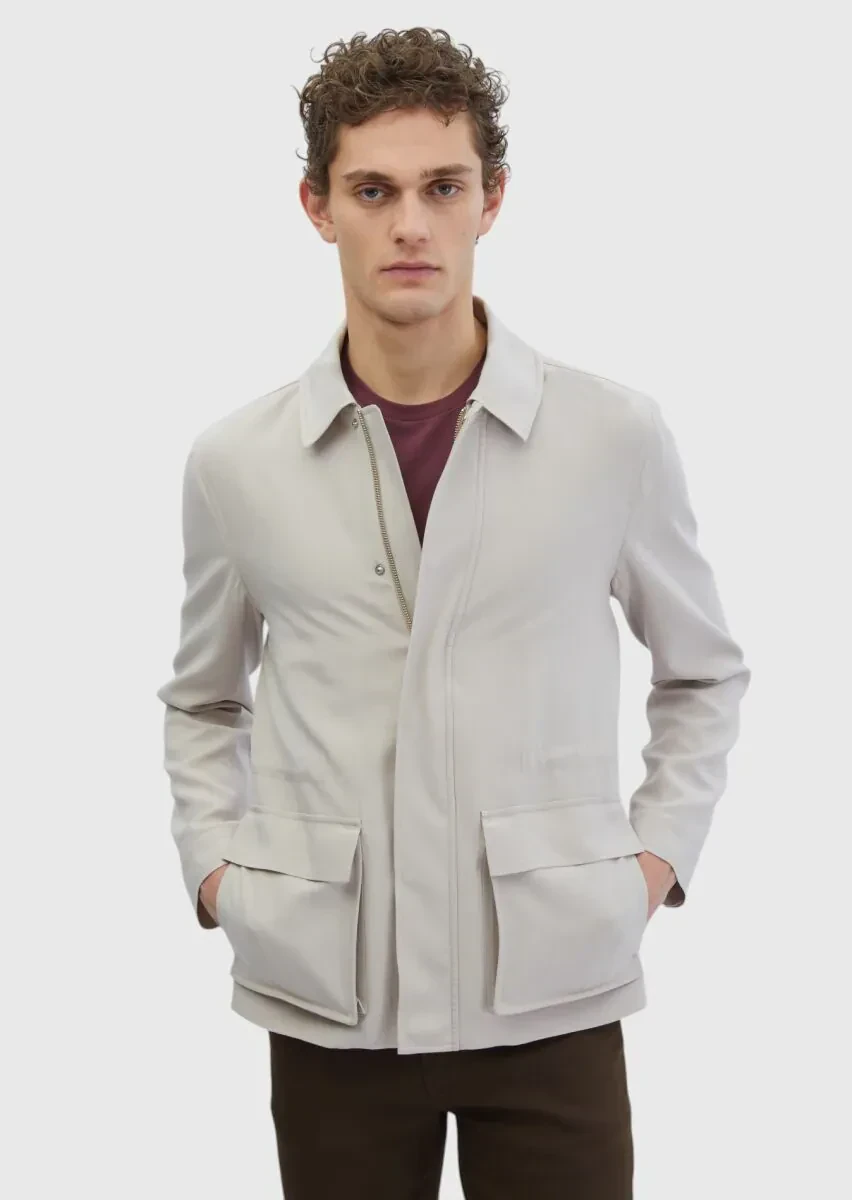 Bej Regular Fit Gömlek Yaka Casual Dokuma Mont - 1