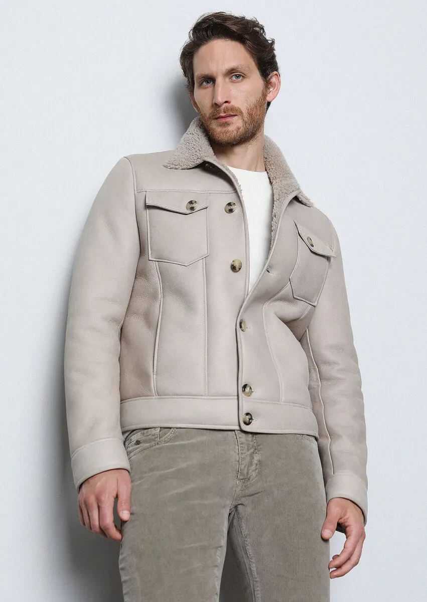 Bej Regular Fit Gömlek Yaka Casual Kürk Deri Mont - 3