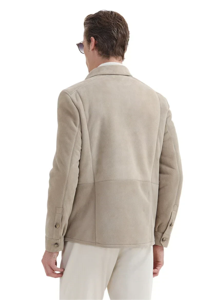 Bej Regular Fit Gömlek Yaka Casual Kürk Deri Mont - 6