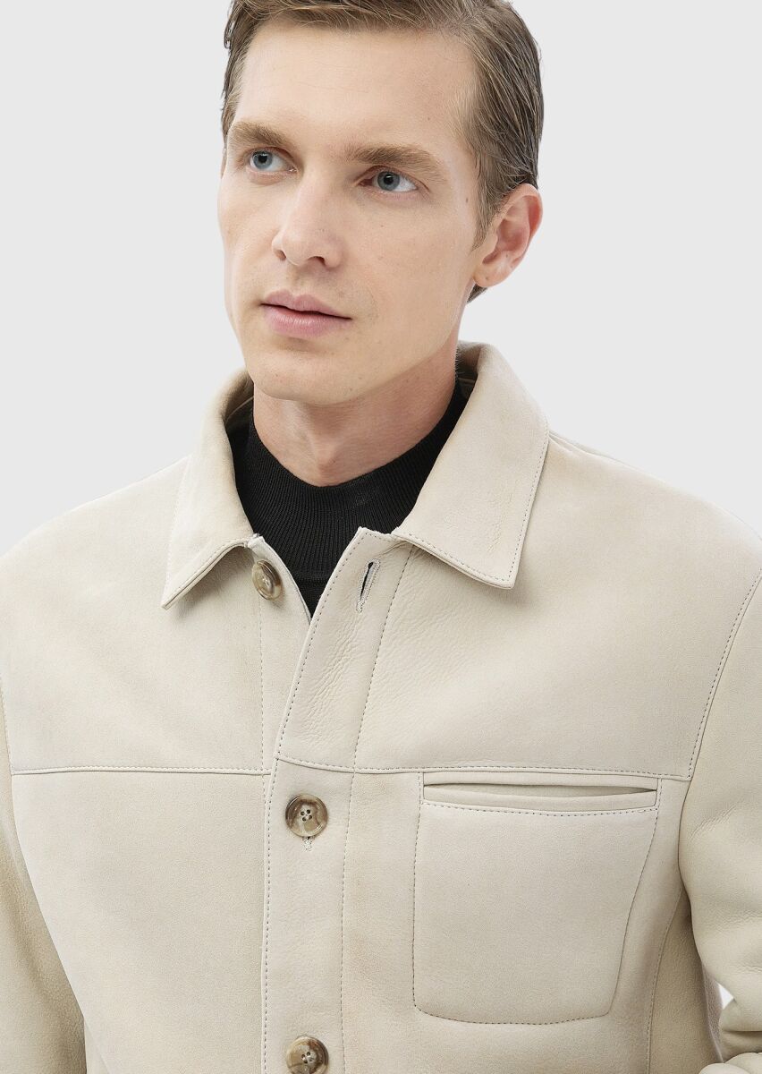 Bej Regular Fit Gömlek Yaka Casual Kürk Deri Mont - 5