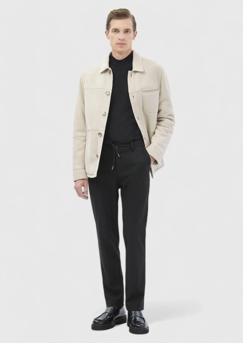 Bej Regular Fit Gömlek Yaka Casual Kürk Deri Mont - RAMSEY