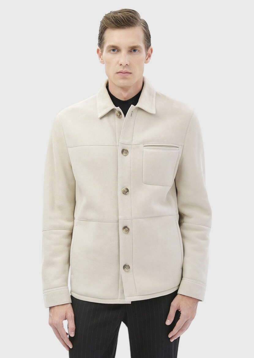 Bej Regular Fit Gömlek Yaka Casual Kürk Deri Mont - 3