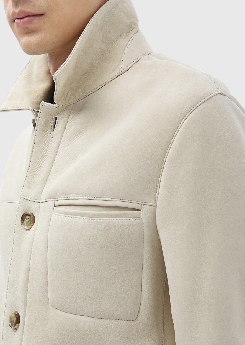Bej Regular Fit Gömlek Yaka Casual Kürk Deri Mont - 6