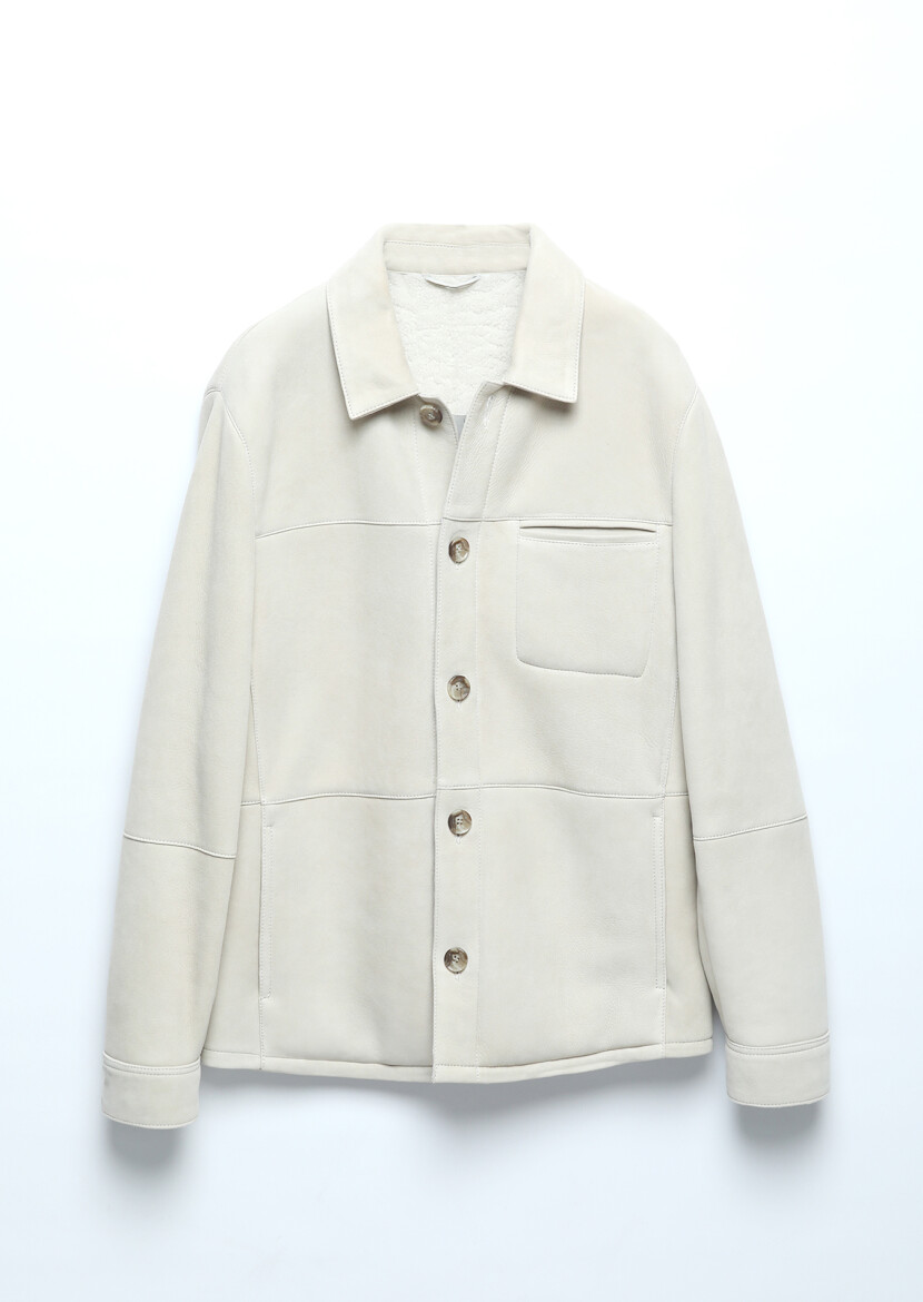 Bej Regular Fit Gömlek Yaka Casual Kürk Deri Mont - 9