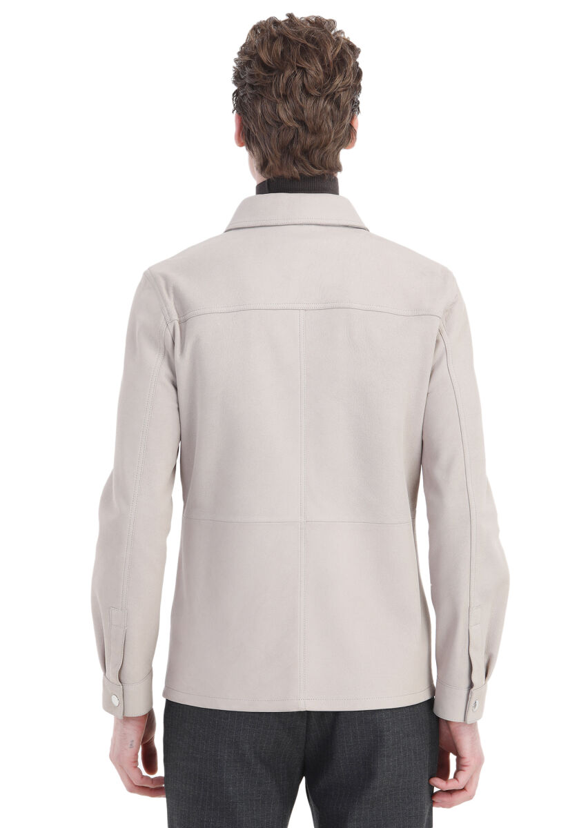 Bej Regular Fit Gömlek Yaka Casual Süet Deri Mont - 5