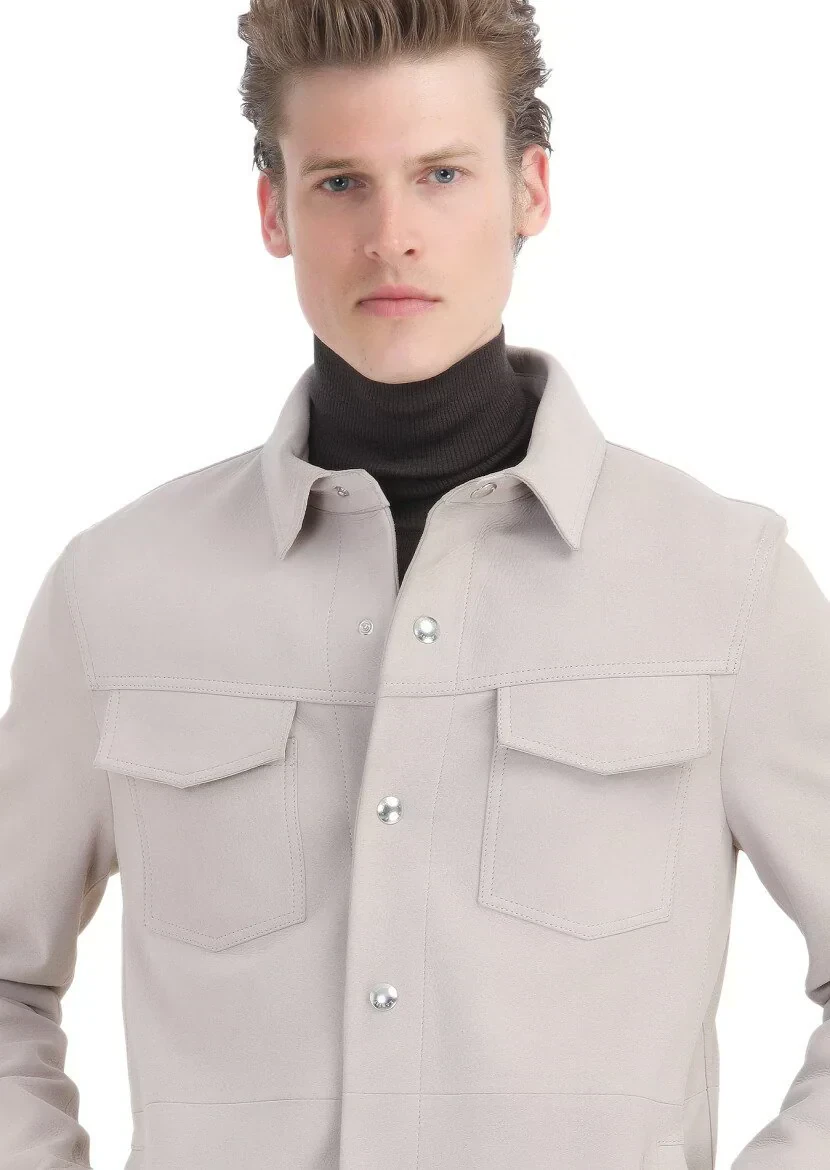 Bej Regular Fit Gömlek Yaka Casual Süet Deri Mont - 4