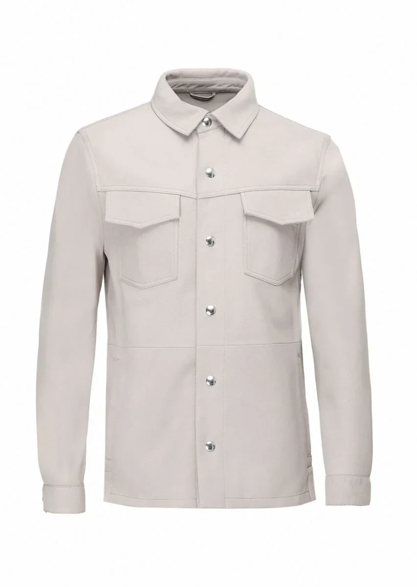 Bej Regular Fit Gömlek Yaka Casual Süet Deri Mont - 6