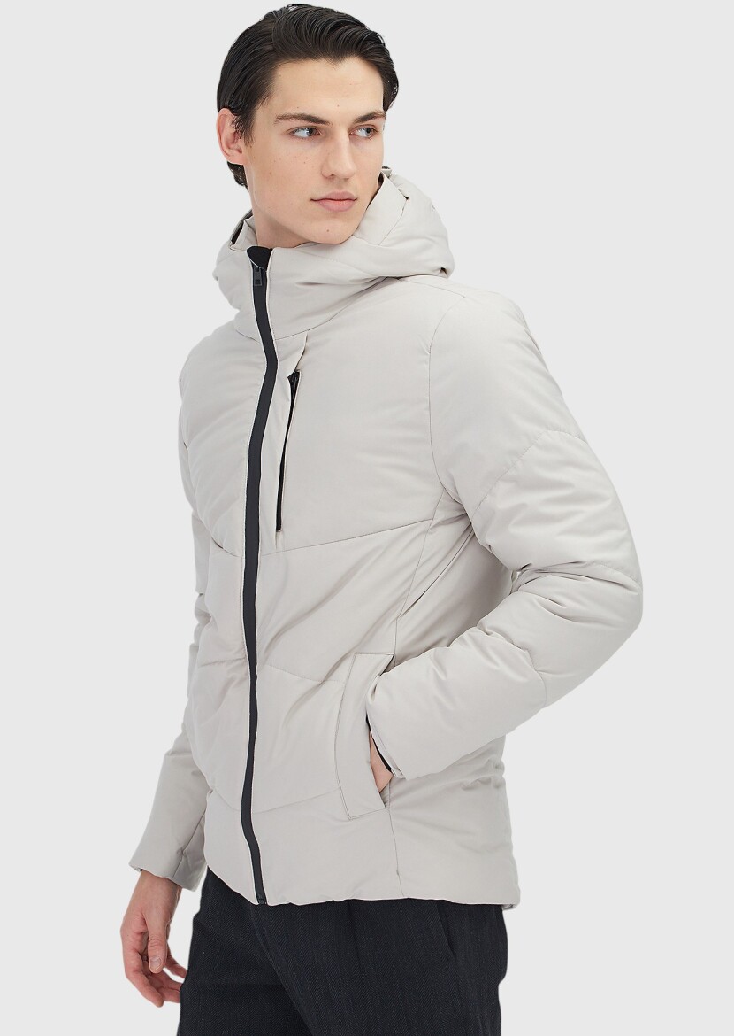 Bej Regular Fit Kapüşonlu Casual Dokuma Mont - 4