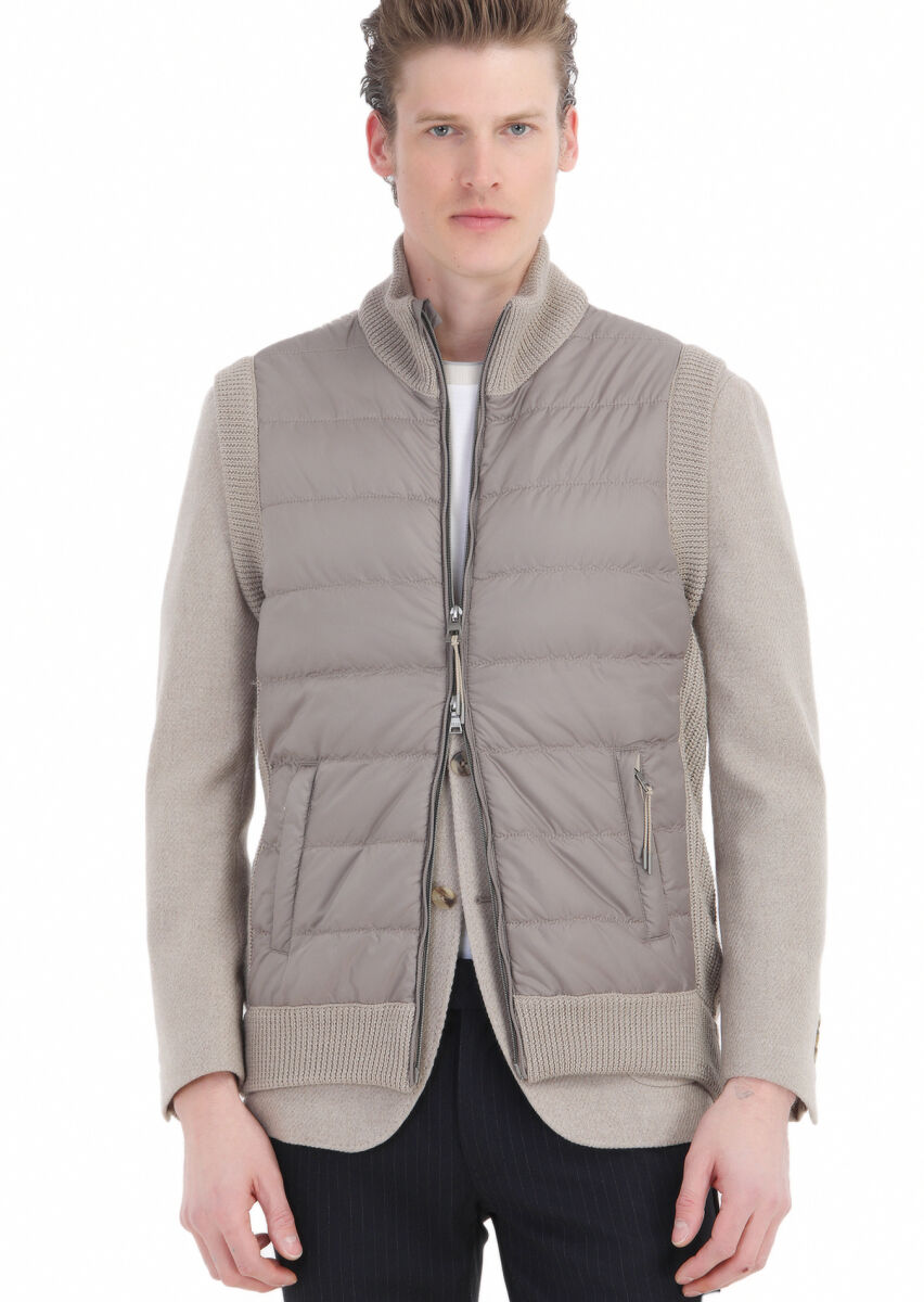 Bej Regular Fit Yarım Balıkçı Yaka Casual Örme Triko Yelek - 4