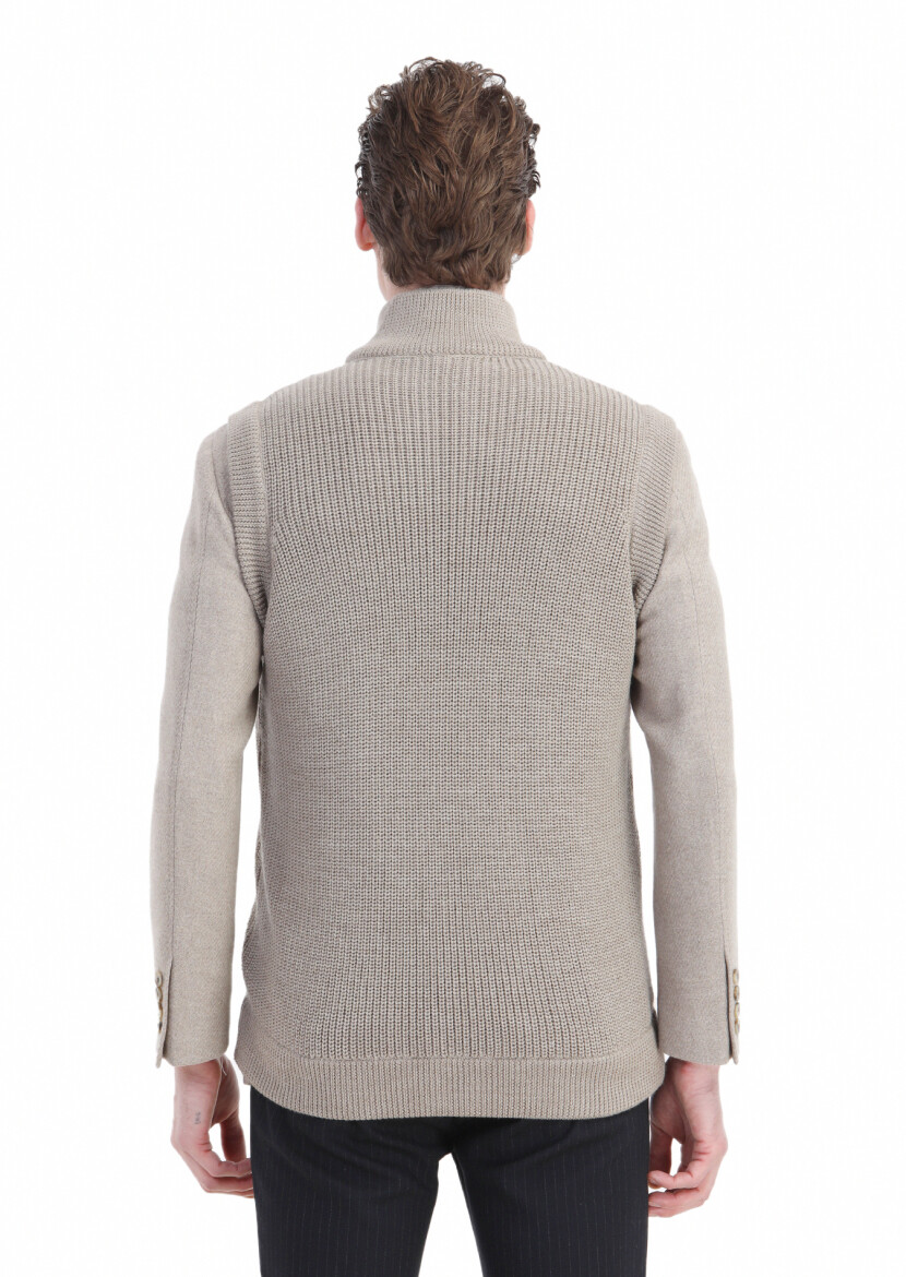 Bej Regular Fit Yarım Balıkçı Yaka Casual Örme Triko Yelek - 7