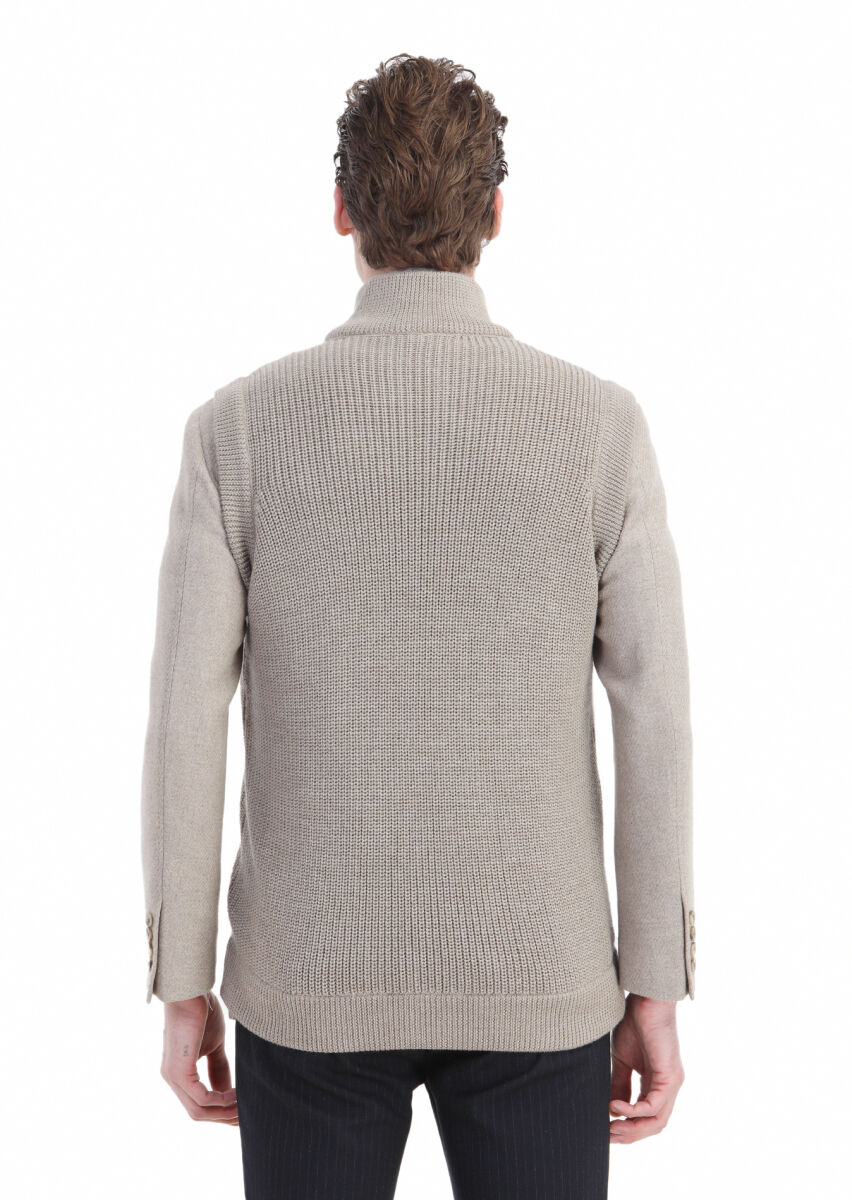 Bej Regular Fit Yarım Balıkçı Yaka Casual Örme Triko Yelek - 7