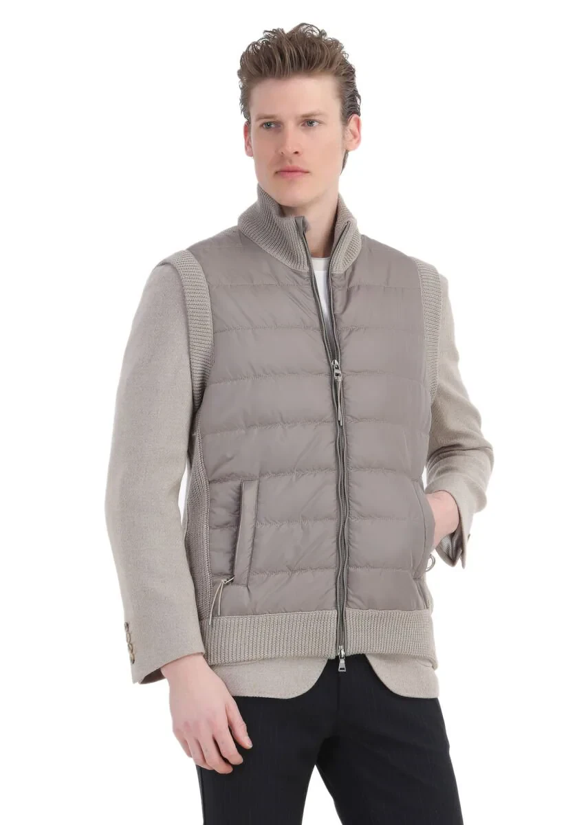 Bej Regular Fit Yarım Balıkçı Yaka Casual Örme Triko Yelek - 1