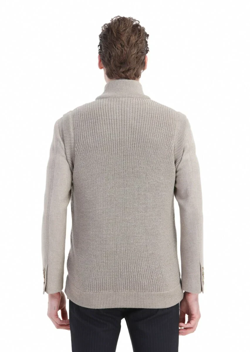 Bej Regular Fit Yarım Balıkçı Yaka Casual Örme Triko Yelek - 7
