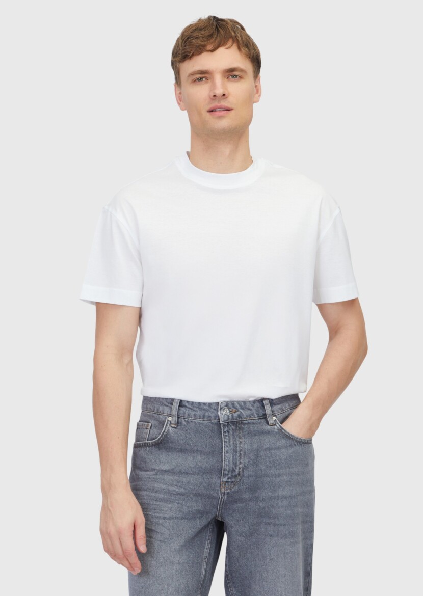 Beyaz Düz Bisiklet Yaka %100 Pamuk T-Shirt - 1