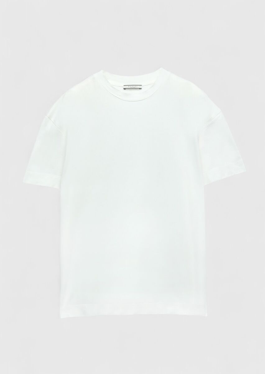 Beyaz Düz Bisiklet Yaka %100 Pamuk T-Shirt - 6