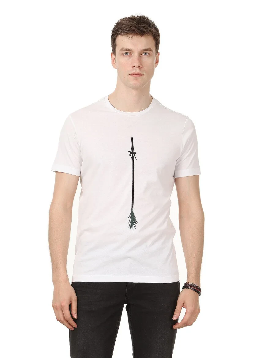Beyaz Baskılı %100 Pamuk T-Shirt - 1