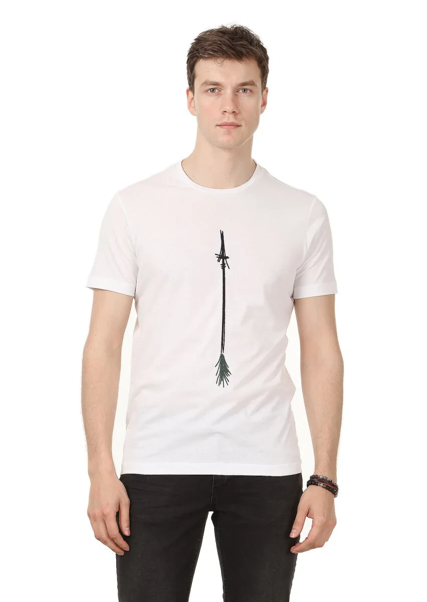 Beyaz Baskılı %100 Pamuk T-Shirt - 1