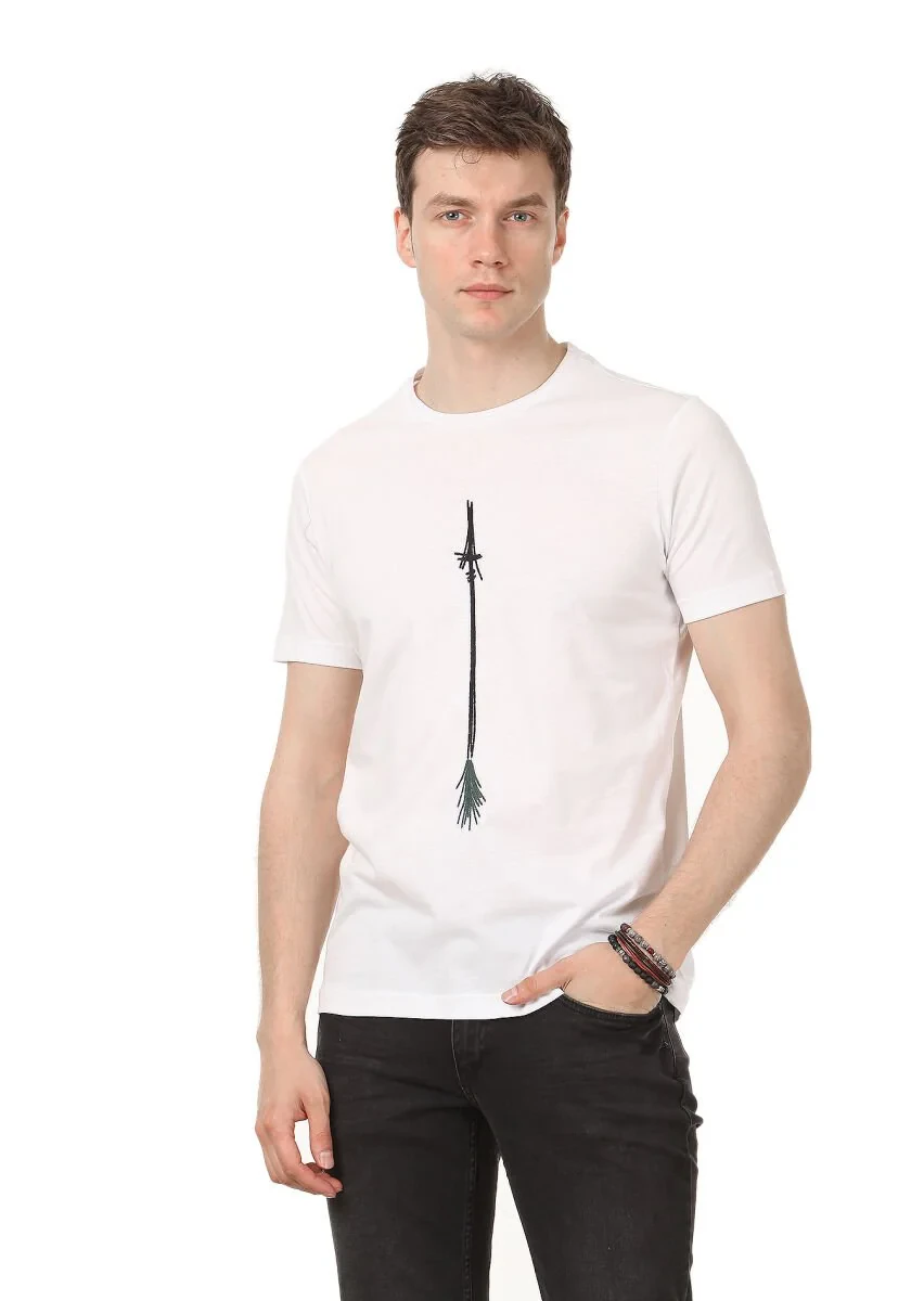 Beyaz Baskılı %100 Pamuk T-Shirt - 2