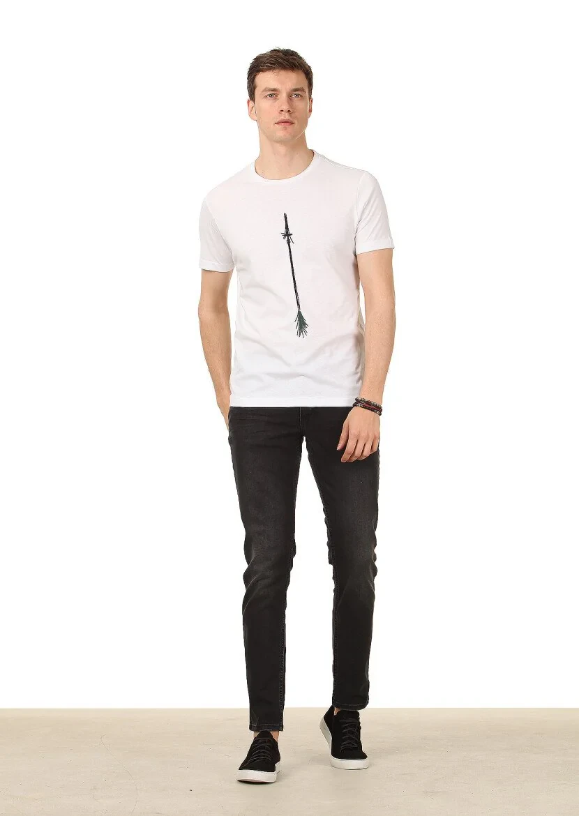 Beyaz Baskılı %100 Pamuk T-Shirt - 3