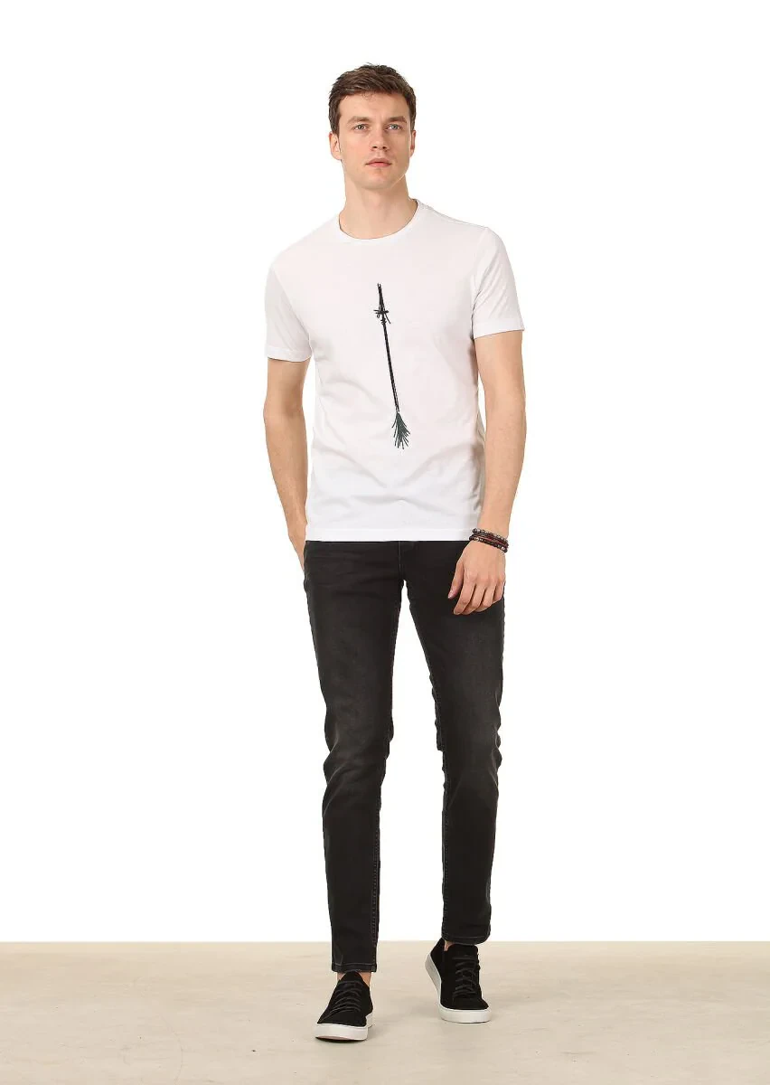 Beyaz Baskılı %100 Pamuk T-Shirt - 3
