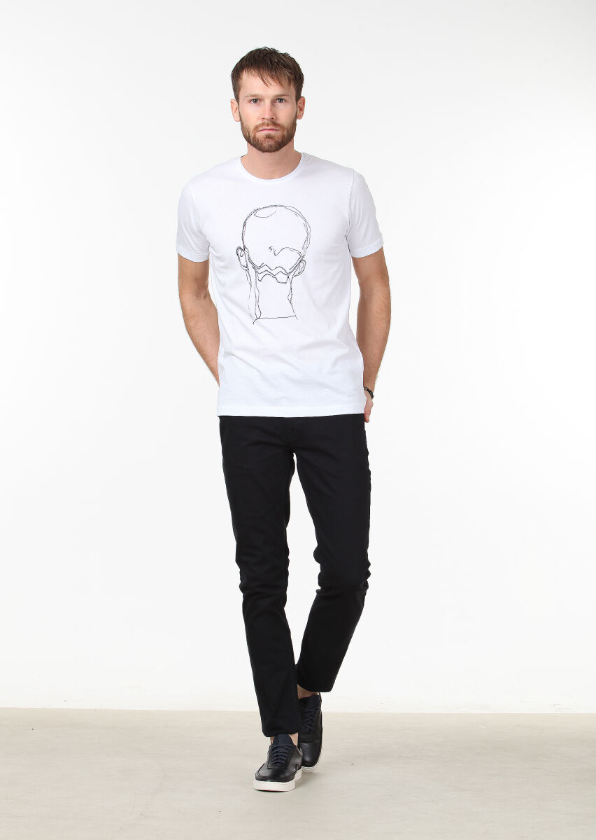 Beyaz Baskılı %100 Pamuk T-Shirt - 2