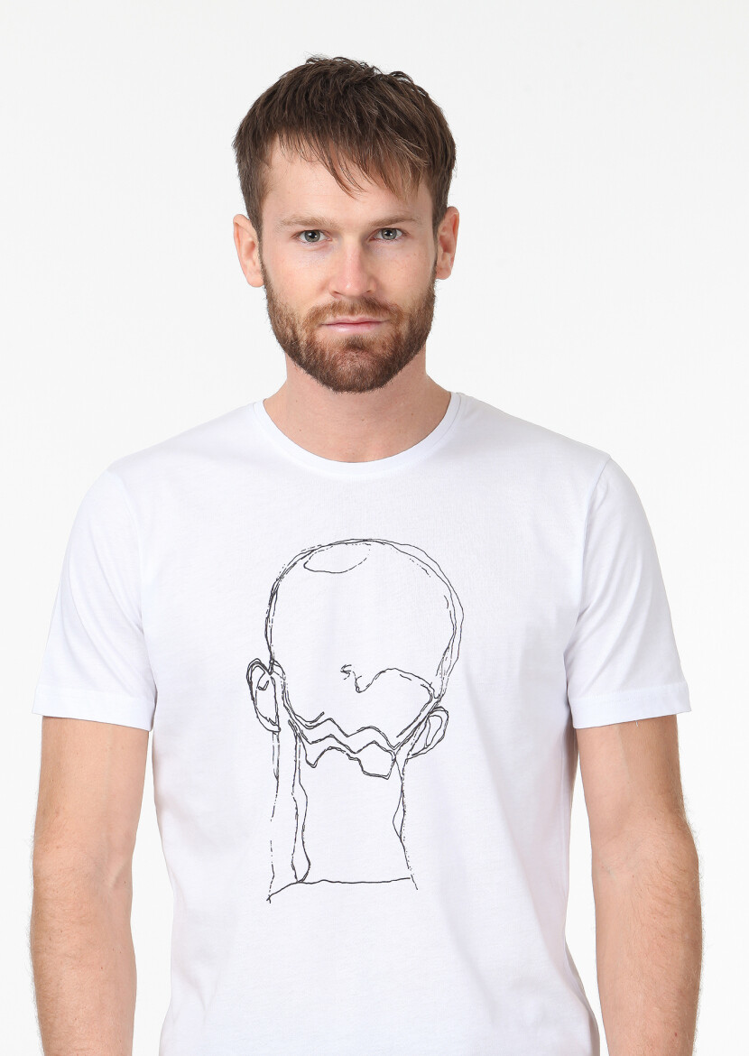 Beyaz Baskılı %100 Pamuk T-Shirt - 3