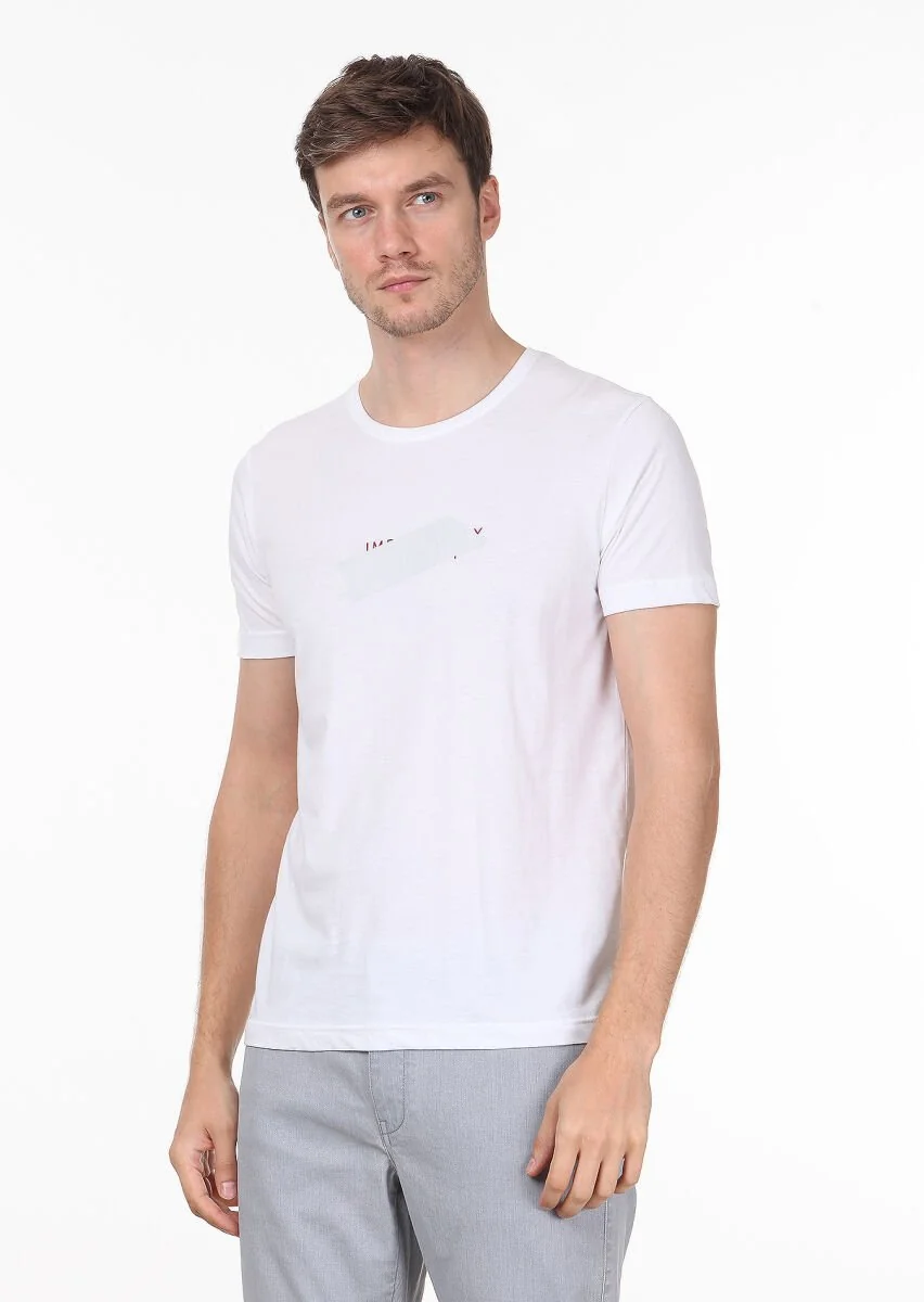 Beyaz Baskılı %100 Pamuk T-Shirt - 1