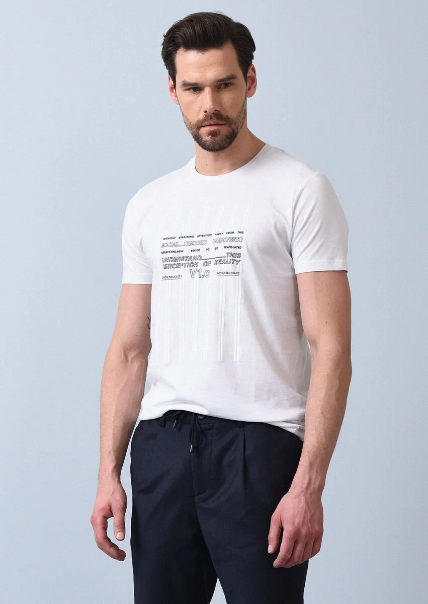 Beyaz Baskılı %100 Pamuk T-Shirt - 1