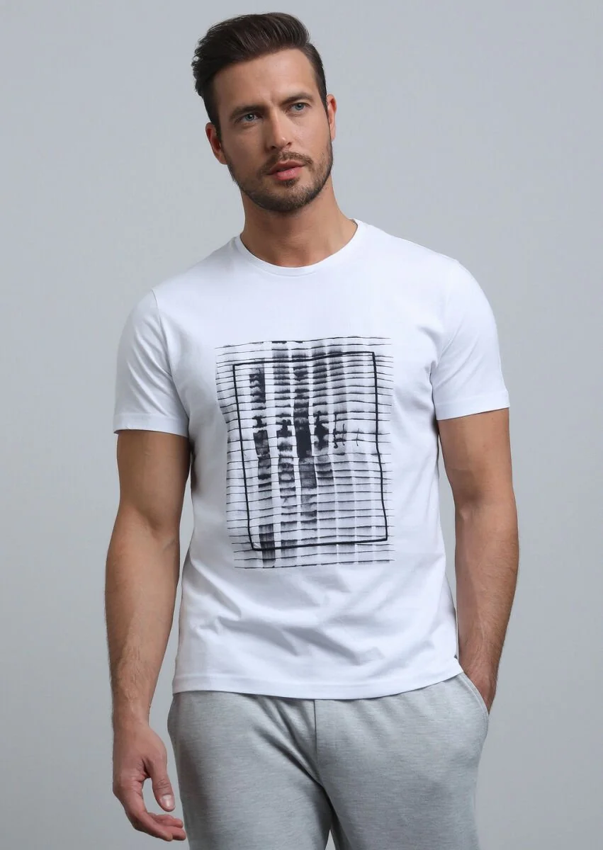 Beyaz Baskılı %100 Pamuk T-Shirt - 1