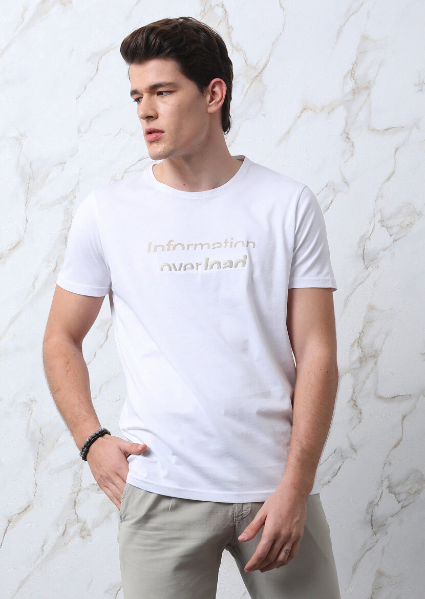 Beyaz Baskılı %100 Pamuk T-Shirt - 1