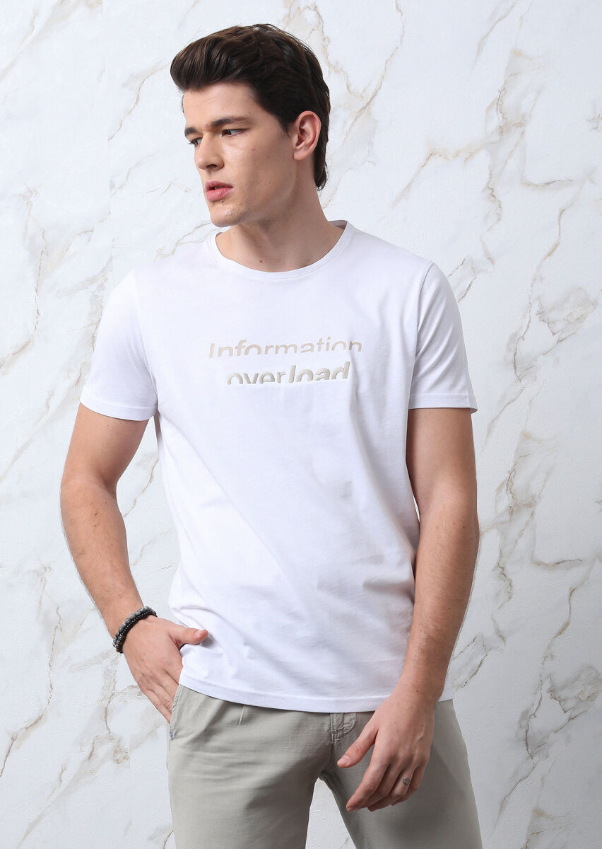 Beyaz Baskılı %100 Pamuk T-Shirt - 1