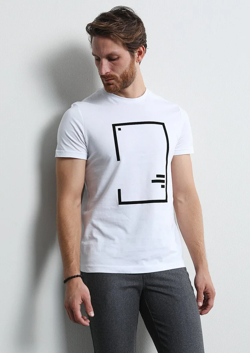 Beyaz Baskılı %100 Pamuk T-Shirt - 1