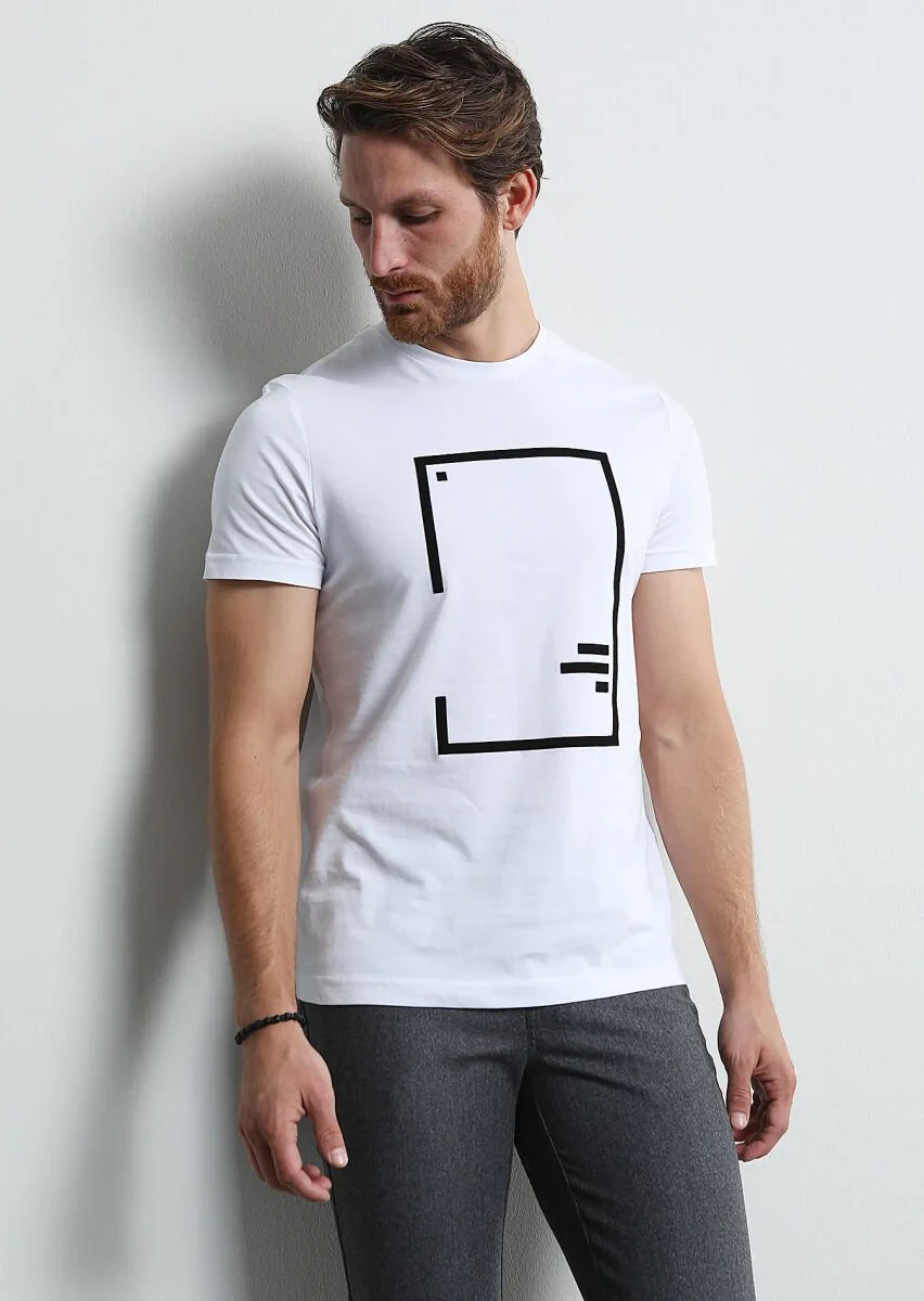 Beyaz Baskılı %100 Pamuk T-Shirt - 1