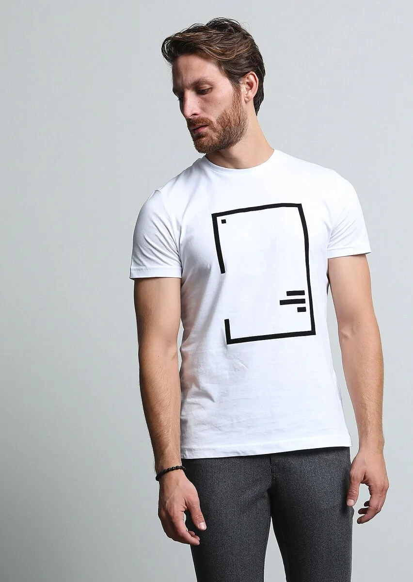 Beyaz Baskılı %100 Pamuk T-Shirt - 2