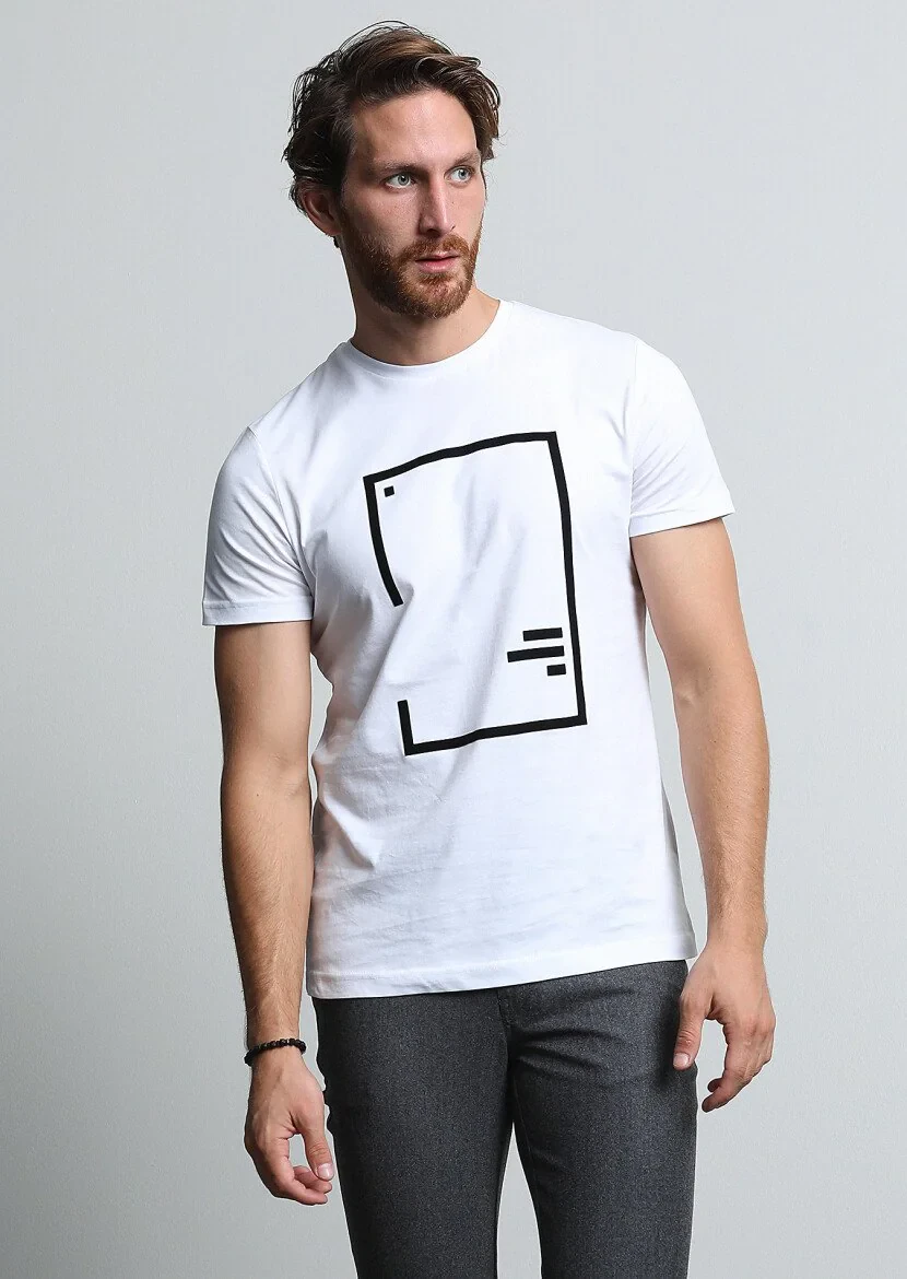 Beyaz Baskılı %100 Pamuk T-Shirt - 4