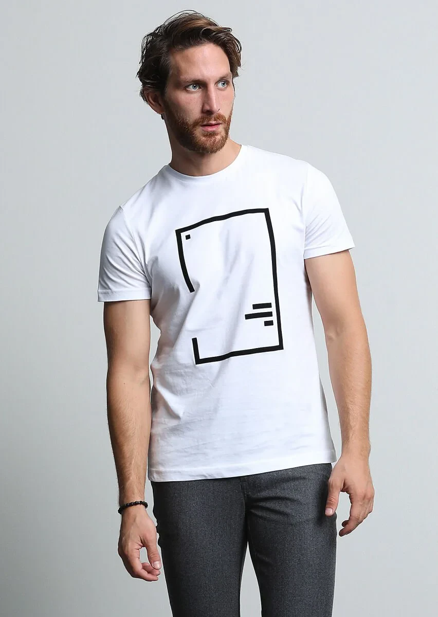 Beyaz Baskılı %100 Pamuk T-Shirt - 4