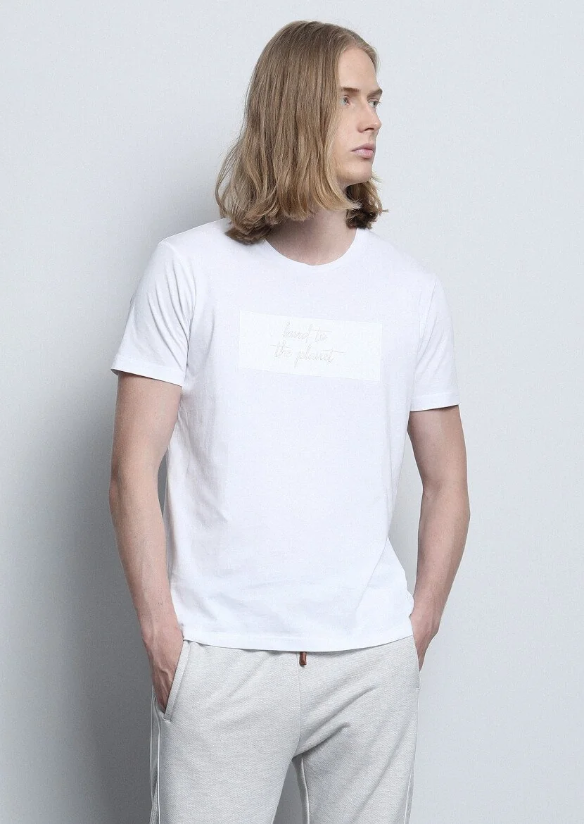 Beyaz Baskılı %100 Pamuk T-Shirt 