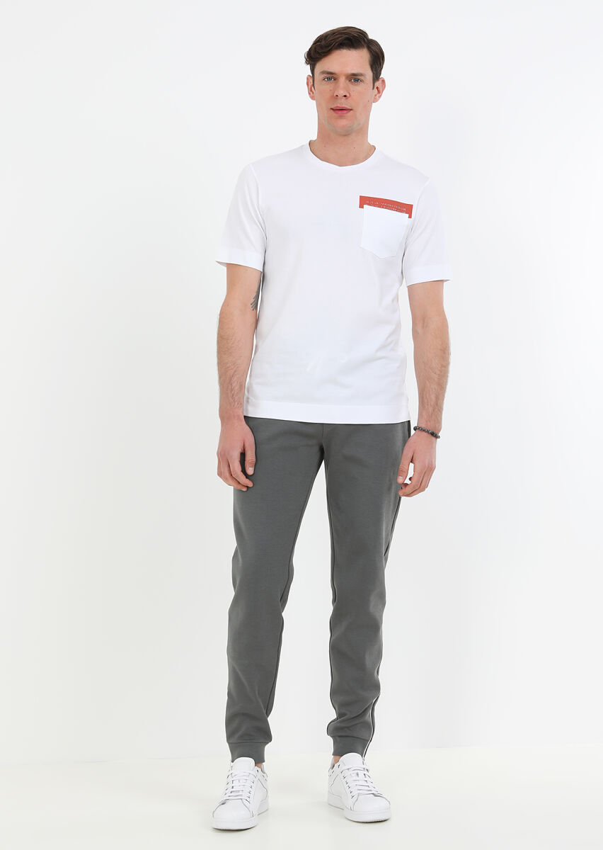 Beyaz Baskılı Bisiklet Yaka %100 Pamuk T-Shirt - 2