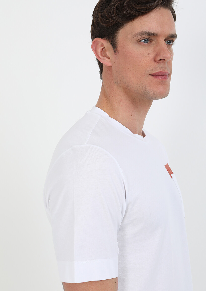 Beyaz Baskılı Bisiklet Yaka %100 Pamuk T-Shirt - 4