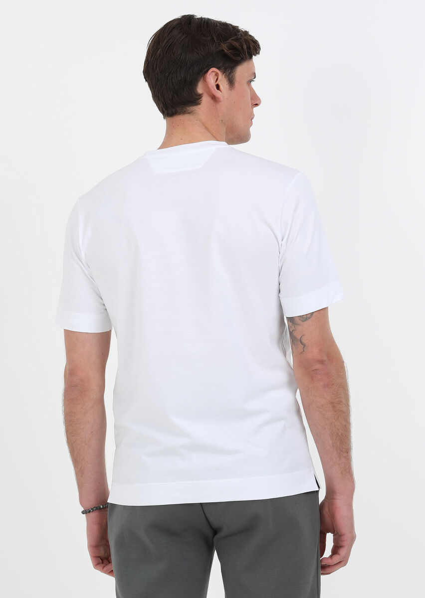 Beyaz Baskılı Bisiklet Yaka %100 Pamuk T-Shirt - 6