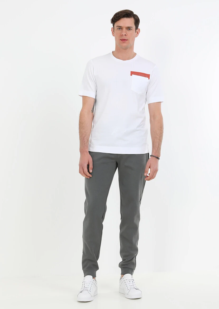 Beyaz Baskılı Bisiklet Yaka %100 Pamuk T-Shirt 